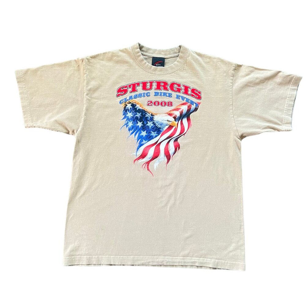 Vintage 2008 Sturgis Classic Bike Event T-Shirt USA Eagle American Flag Beige L